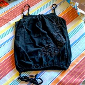 Black spaghetti strap top with floral embroidery